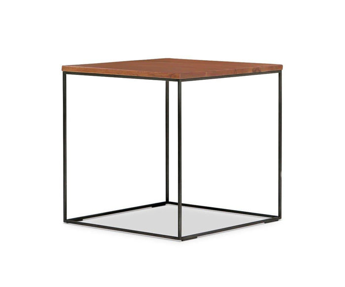 The Leende End Table features a square European oak top and a simple blackened steel frame, set against a white background—an ideal choice for those seeking minimalist industrial accent furniture.