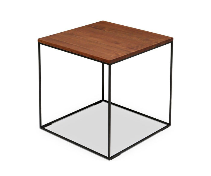 The Leende End Table is a modern square side table featuring a European oak top and thin blackened steel frame legs, shown on a white background—an ideal piece of industrial accent furniture for any contemporary space.
