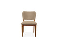 A mole upholstered Leevi Dining Chair with a solid rubberwood frame and legs, shown from the front against a white background.