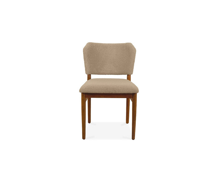 A mole upholstered Leevi Dining Chair with a solid rubberwood frame and legs, shown from the front against a white background.