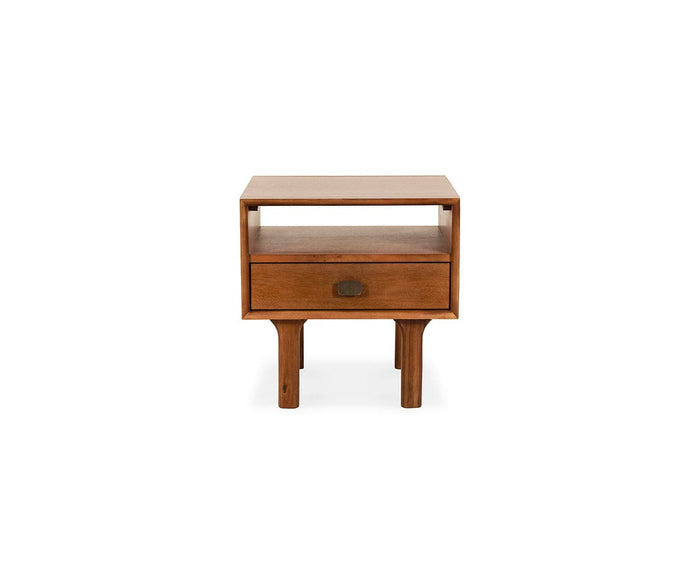 Part of the Leevi Collection, the Leevi End Table is crafted from solid acacia wood in a rich walnut brown finish and features a simple, modern design. It stands on four legs and includes one drawer with a rectangular metal handle, plus an open shelf above—making it the perfect mid-century end table for any contemporary space.