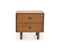 The Leevi Nightstand is crafted from solid acacia wood, showcasing a warm brown finish. Its simple and modern silhouette features two spacious drawers with square metal handles and stands sturdily on four legs, combining mid-century charm with contemporary design.