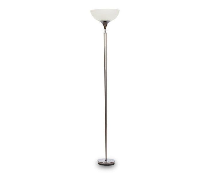 A tall, modern Liatris Floor Lamp in satin steel with a slim pole, a matching base, and a white upward-facing bowl-shaped lampshade.