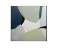 Lily Pad Lake I Oil Painting features abstract, overlapping shapes in green and multi-colored tones. This hand-painted canvas showcases soft, curved lines for a minimalist and modern look, and comes elegantly framed in black.