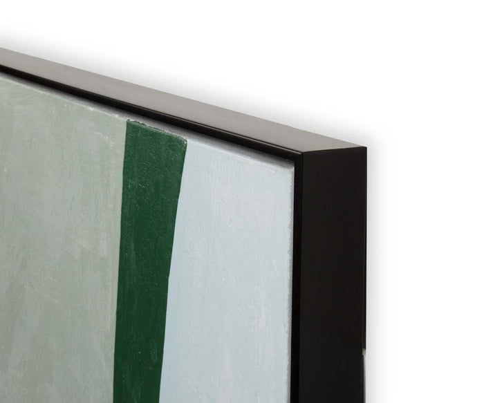Close-up of the corner of a framed *Lily Pad Lake I Oil Painting*, featuring part of its abstract lake design with green and gray shapes, displayed in a simple black rectangular frame against a white background.
