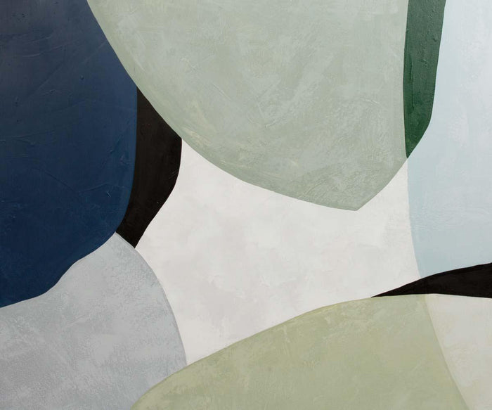 Lily Pad Lake I Oil Painting showcases overlapping organic shapes in blue, green, gray, and black on a light background. This hand-painted canvas features a soft, muted color palette and a textured modern look inspired by abstract lake art.