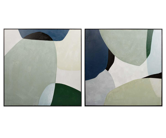 Two “Lily Pad Lake I Oil Painting” canvases are displayed side by side, each showcasing overlapping organic shapes in blue, green, gray, white, and black tones. Hand-painted with oil on canvas, these pieces evoke abstract lake art through their minimalist and modern design.