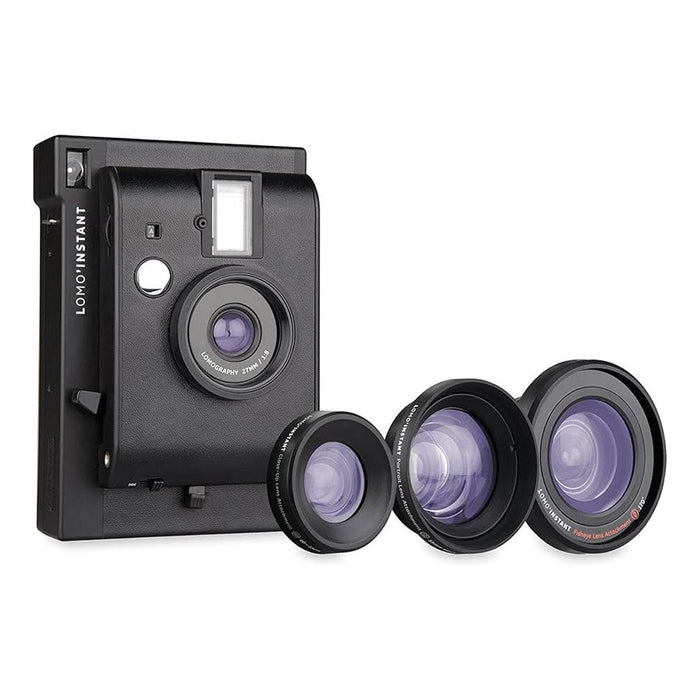 Lomo'Instant Camera with three interchangeable lenses including wide angle, fisheye, and portrait attachments