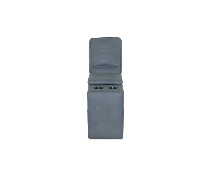 A blue upholstered armrest with a cushioned top and two built-in cup holders, the Lunna Console features a modular design for versatile use and is finished in premium leather-look fabric, viewed from the front against a white background.