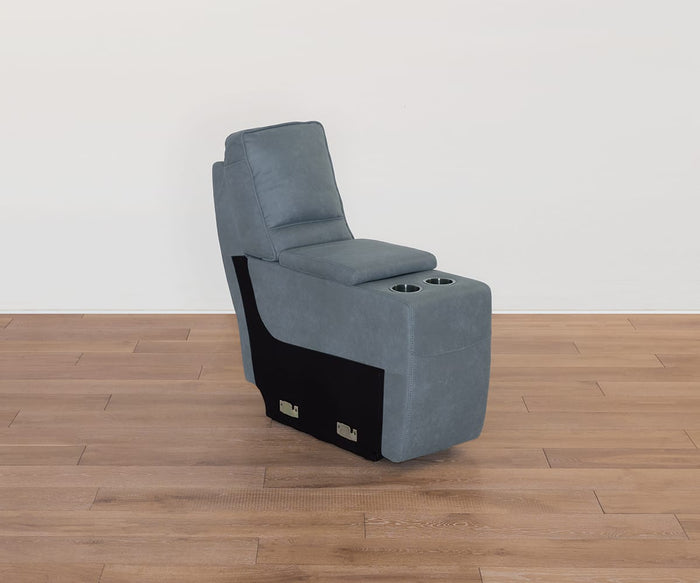 A single Lunna Console reclining chair in gray, featuring two cup holders and crafted from leather-look fabric, sits on a wooden floor against a plain white wall.