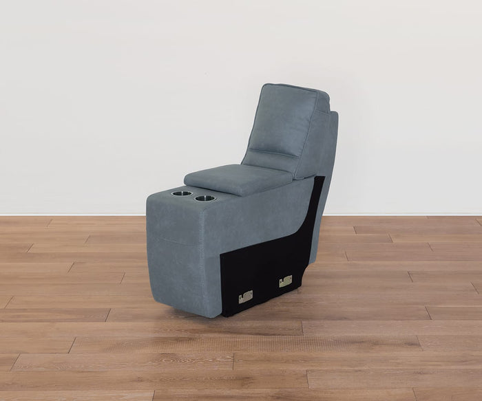 A Lunna Console, upholstered in gray leather-look fabric with cup holders integrated into the armrest, sits on a light brown wooden floor against a plain white wall.