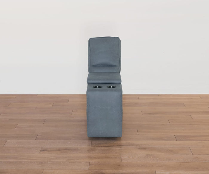 A single Lunna Console theater seat, upholstered in gray leather-look fabric with cup holders, is placed on a wooden floor against a plain white wall, viewed from the front.