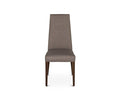 A front view of the Lussa Fabric Dining Chair highlights its modern design with a tall, tapered backrest, dark grey fabric upholstery (color: 2233-18), and solid wood legs against a white background.
