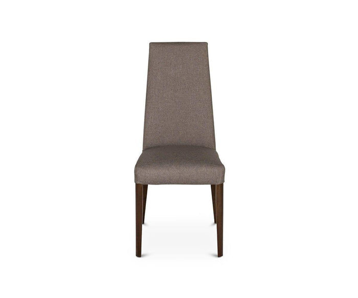 A front view of the Lussa Fabric Dining Chair highlights its modern design with a tall, tapered backrest, dark grey fabric upholstery (color: 2233-18), and solid wood legs against a white background.