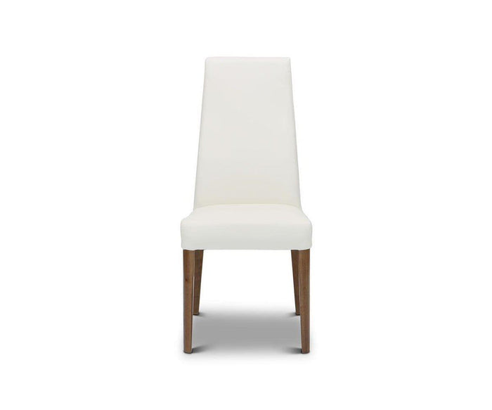 The Lussa Leather Dining Chair in White 1009 features a tall, white leather-upholstered backrest and seat, supported by four straight solid wood legs, shown against a plain white background.