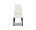 The Lussa Leather Dining Chair in White 1009 features a tall, white leather-upholstered backrest and seat, supported by four straight solid wood legs, shown against a plain white background.