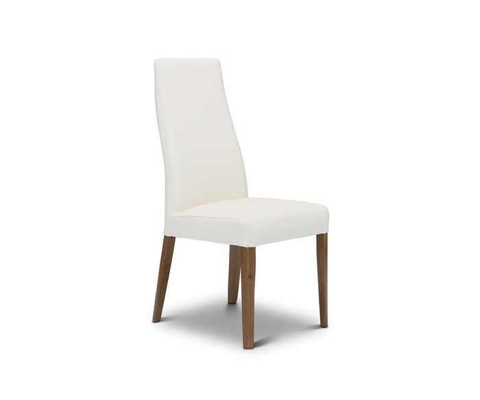 The Lussa Leather Dining Chair features a modern design with a high back and seat upholstered in white leather, supported by four straight solid wood legs, displayed against a plain white background.