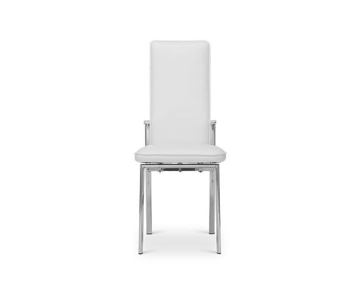 The Lykke High Back Dining Chair in White showcases a tall, padded backrest for exceptional comfort and sleek chrome metal legs, displayed from the front against a plain white background.