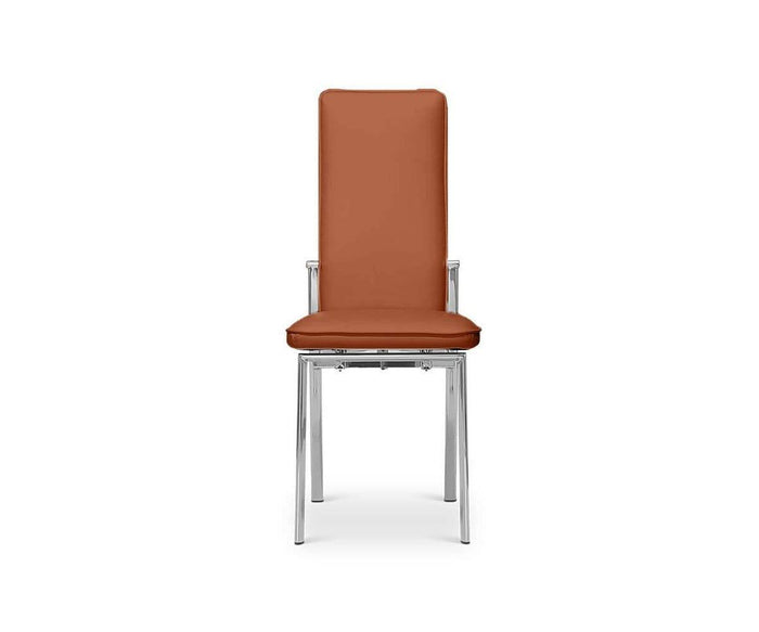 Front view of the Lykke High Back Dining Chair, a modern dining chair in Cognac featuring a tall cushioned backrest and seat for padded comfort, with sleek metal legs, set against a plain white background.