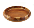 The Macias Bowl, crafted from rosewood, features a round and shallow design with smooth, polished surfaces and striking natural wood grain patterns. Set against a white background, this elegant piece of handcrafted serveware brings warmth to sustainable home decor.
