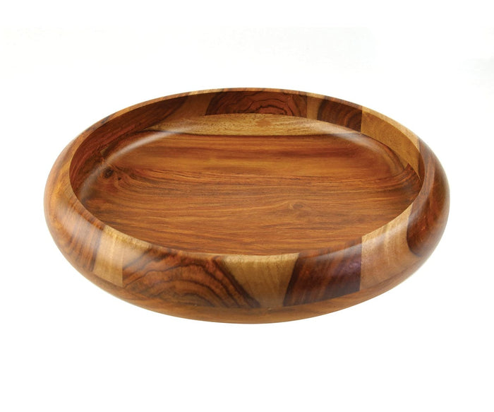 The Macias Bowl, crafted from rosewood, features a round and shallow design with smooth, polished surfaces and striking natural wood grain patterns. Set against a white background, this elegant piece of handcrafted serveware brings warmth to sustainable home decor.