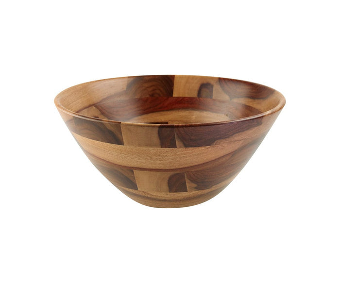 The Macias Bowl, crafted from rosewood with a smooth finish and a striking interplay of light and dark wood tones, is set against a white background; this handcrafted serveware piece beautifully highlights sustainable home decor.