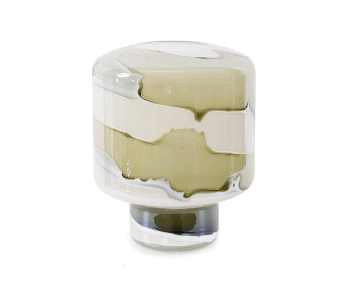 The Malin Vase is a modern tall vase with a cylindrical shape, featuring swirling green and multicolored patterns. Its abstract design appears smooth and contemporary, complemented by a glossy finish and a hollow center base.
