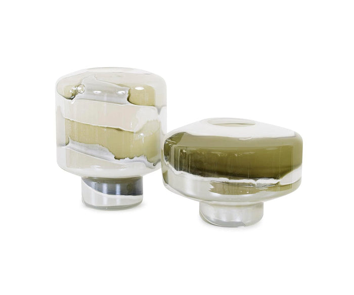 Two modern Malin Vases with wide, rounded bodies and short bases feature horizontal swirls of beige, olive green, and white neutral shades. The abstract design creates a striking visual effect, with one tall vase complementing the shorter, wider piece.