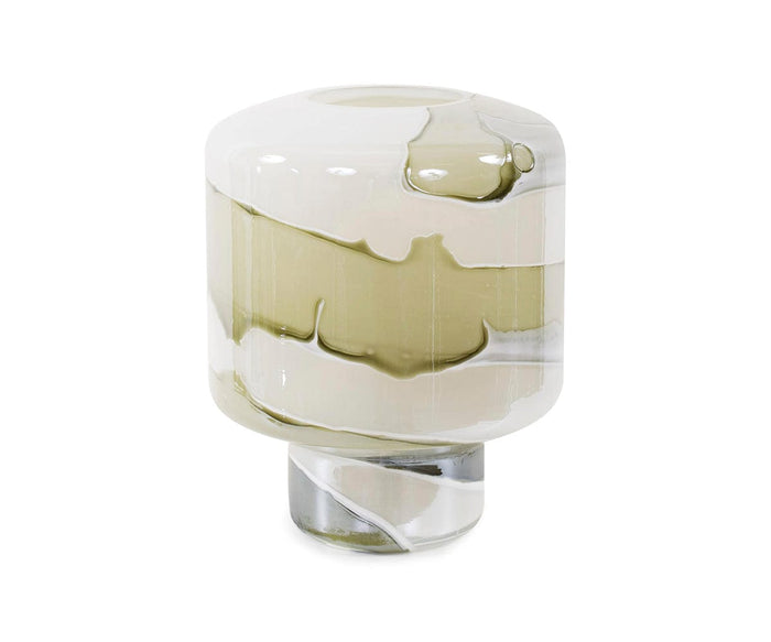 Introducing the Malin Vase—a tall, cylindrical glass vase showcasing swirled patterns in olive green, white, and clear glass. Its abstract design weaves neutral shades throughout, lending it a modern, artistic flair with an irregular marbled effect on the surface.