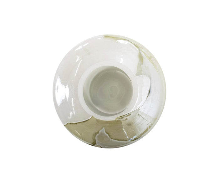 Top view of the Malin Vase, a round, glossy ceramic piece with a wide opening, showcasing an abstract white and beige marbled design in neutral tones around its surface, set against a plain white background.