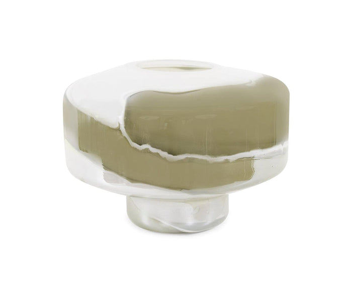 The Malin Vase is a modern glass vase with a rounded, wide body and a narrow base, featuring an abstract marbled pattern that blends olive green, white, and clear glass with neutral shades.