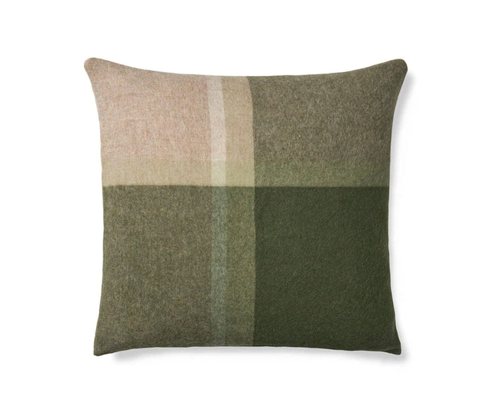Manhattan Cushion Cover in Green/Multi: Square cushion cover crafted from recycled alpaca wool, featuring a soft texture and a plaid design in muted earth tones of green, beige, and taupe. Intersecting stripes create a simple, modern, and cozy appearance against a plain white background.