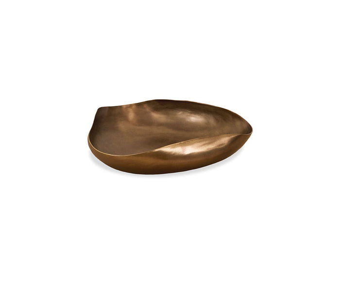 The Mara Dish, displayed on a white background, is a shallow, oval-shaped piece with an uneven rim and a smooth, reflective surface in a bronze finish—an ideal addition to elegant decor.