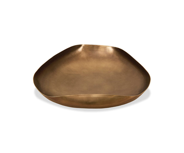 The Mara Dish, crafted in bronze with a shallow, irregular shape and smooth matte surface, features subtly raised edges and is pictured against a white background—an elegant decor piece for any space.