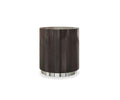 The Massimo Round End Table, featuring a smokey oak veneer and a smooth, modern finish, stands on a metallic silver base against a plain white background.