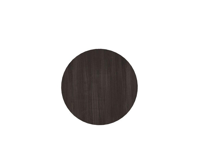 The Massimo Round End Table, a plain, dark brown, circular wooden piece, is centered on a white background.