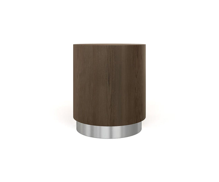 Introducing the Massimo Round End Table, a modern cylindrical wooden side table featuring a smooth Grey Oak Veneer top and an eye-catching silver metallic base, set against a plain white background.