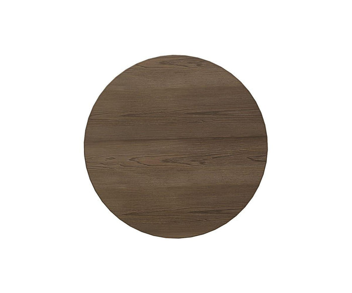The Massimo Round End Table features a brown wood top with visible grain patterns, shown from above and centered on a white background.