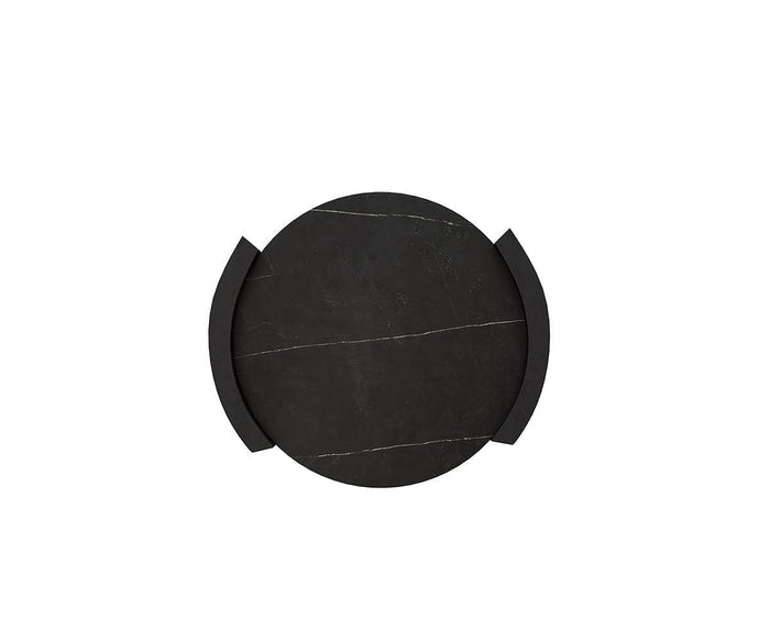 A round black tray with subtle white lines and two curved black handles on opposite sides, set against a plain white background—an ideal accent for a solid oak end table or the ceramic tabletop of the Matteo Round End Table.