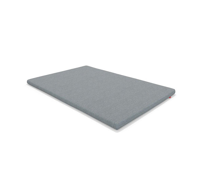 A thin, rectangular Mattress Topper in grey with rounded edges is displayed against a white background, making it a perfect addition to your bedding or sleeper sofa for enhanced comfort.