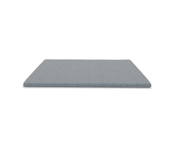 A rectangular, flat Mattress Topper in light gray is displayed against a white background. Reminiscent of comfortable bedding, the topper features a smooth fabric texture and is photographed from the front at a slightly elevated angle.