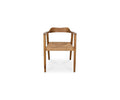 A Melina Chair in natural teak, featuring a curved backrest, angled arms, and a woven seat, is displayed against a plain white background—making it an elegant accent chair for any dining space.
