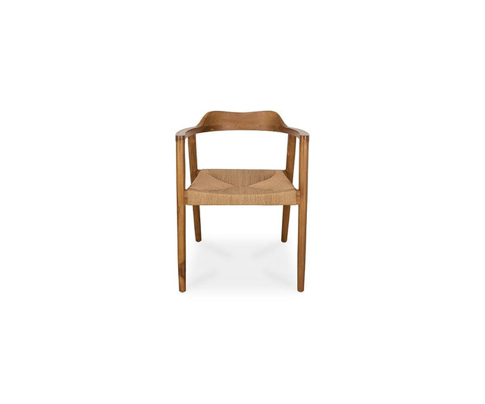 A Melina Chair in natural teak, featuring a curved backrest, angled arms, and a woven seat, is displayed against a plain white background—making it an elegant accent chair for any dining space.