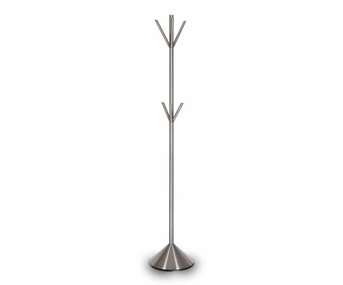 The Merremia Coat Rack features a sleek silver finish with a round base and six hooks arranged in pairs at varying heights. This minimalist coat rack is the ideal modern entryway organizer for any contemporary space.