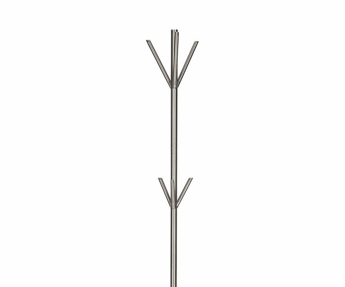 Introducing the Merremia Coat Rack—a sleek, modern organizer designed with two sets of angled hooks on a slim vertical pole. Ideal for contemporary entryways, the minimalist silhouette stands out beautifully against a plain white background.