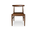 The Miles Leather Dining Chair showcases a mid-century modern wooden frame with a curved backrest and a Timber Brown leather cushioned seat, photographed from the front against a white background.