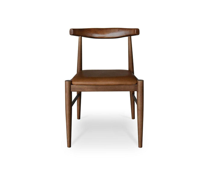 The Miles Leather Dining Chair showcases a mid-century modern wooden frame with a curved backrest and a Timber Brown leather cushioned seat, photographed from the front against a white background.