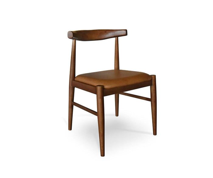 The Miles Leather Dining Chair is a Danish modern dining chair with a brown leather seat and a curved, minimalist backrest. Featuring tapered wooden legs and a timeless mid-century modern design, this chair is shown against a white background.