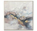 The Mineral Glow Wall Art features a multi-colored abstract design with soft gray, beige, and blue tones. Jagged lines and textured gold accents run diagonally across the hand-painted canvas, creating a sense of movement and depth. It is finished with a thin, light-colored frame for a modern touch.