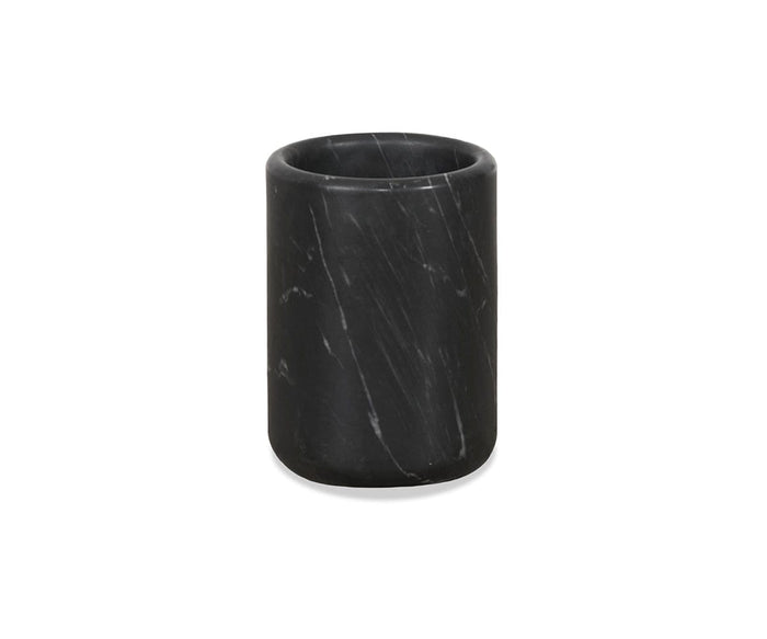 The Mirco Black Marble Vessel, featuring subtle white veining and a sleek cylindrical silhouette, stands upright against a white background—an elegant decor accent that doubles as a stylish micro vessel for your essentials.